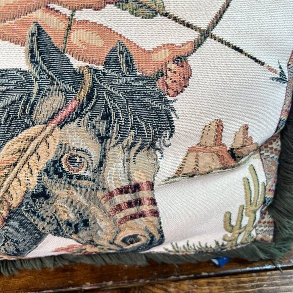 Ashford Court Native American Tapestry Throw Pillow w/ Fringe Bow & Arrow Horse - Picture 4 of 10